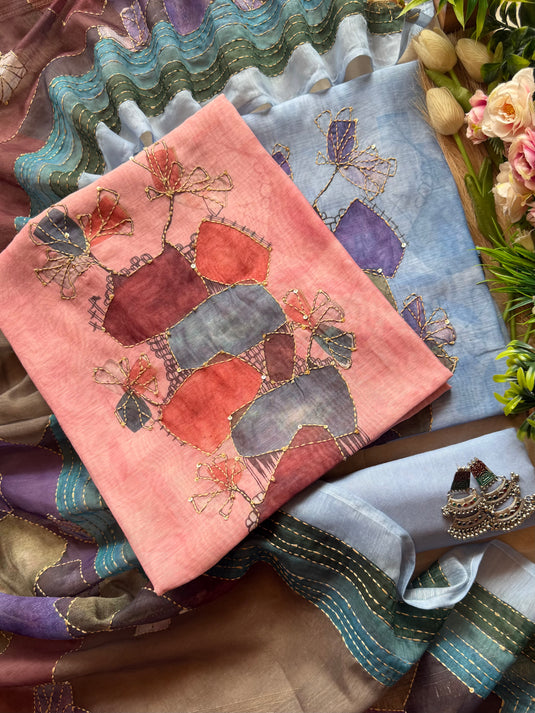 Multi Colour abstract Kantha dupatta with Chanderi suit set