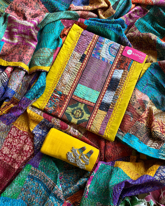Kantha neck yellow patched cotton suit with Bengal Kantha embroidered dupatta
