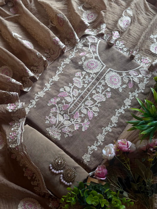 Festive coloured Dori work Mul Chanderi suit set