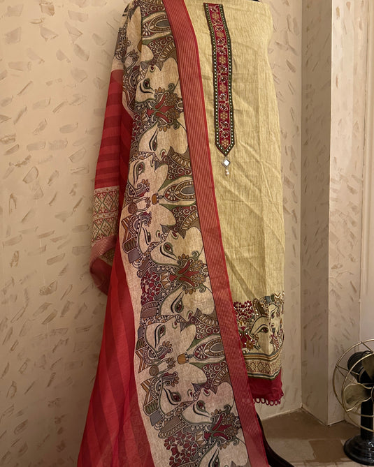 Doll figured red and beige cambric cotton suit set