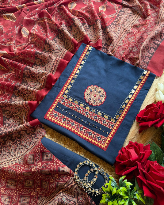 Ajrakh glass neck handloom cotton suit set