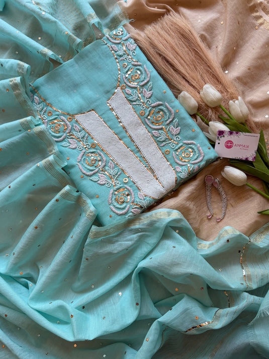 Pure Mul Mukaish Kamdani hand embroidered suit set (Design 1)