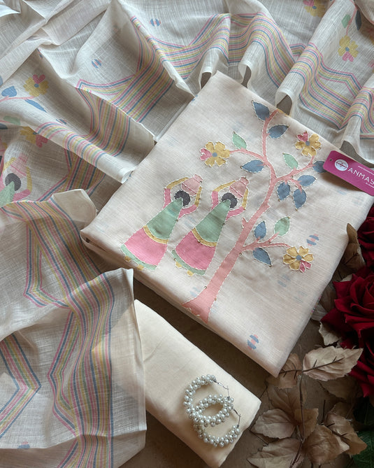 Village theme linen suits with Kantha work with cotton bottom