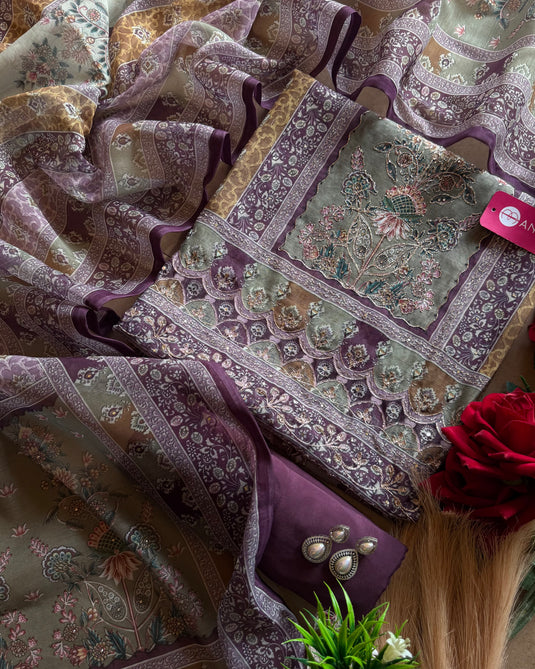 Highlighted Panel Chanderi Persian print suit set