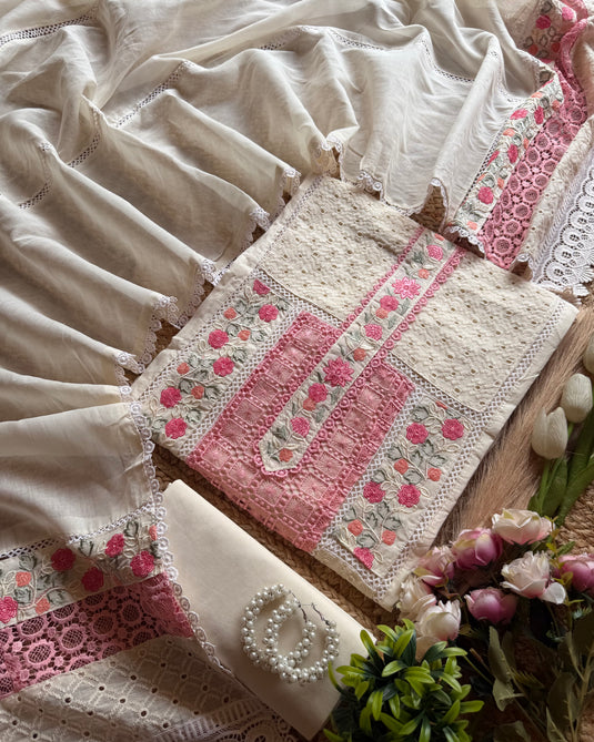 Crochet Hakooba Pintex panel cream cotton suit