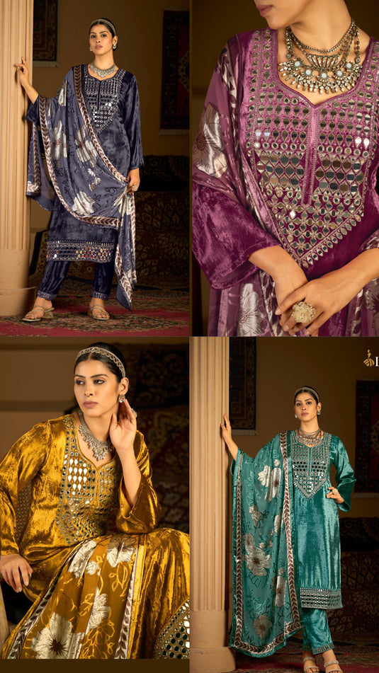 Mirror work micro velvet suit set