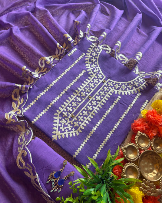 Leather patched patterned Mul Chanderi suit set