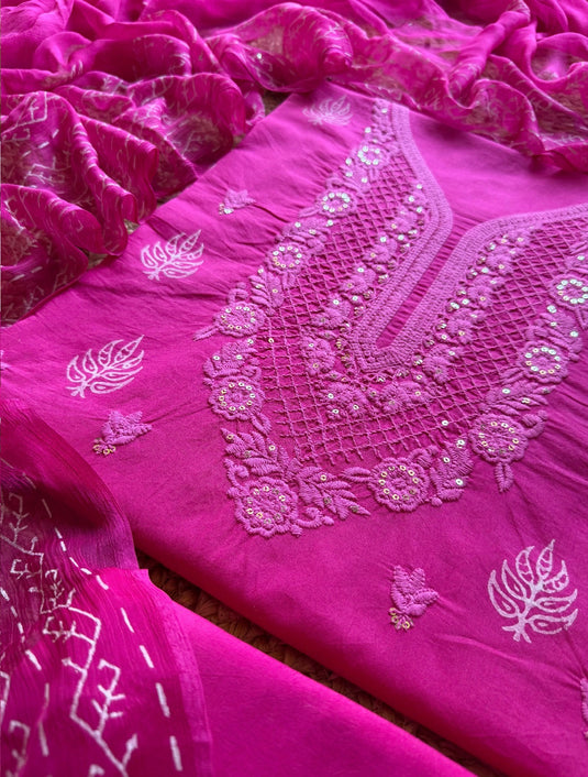 Lucknawi Chikankari fuchsia pink suit set with chiffon dupatta