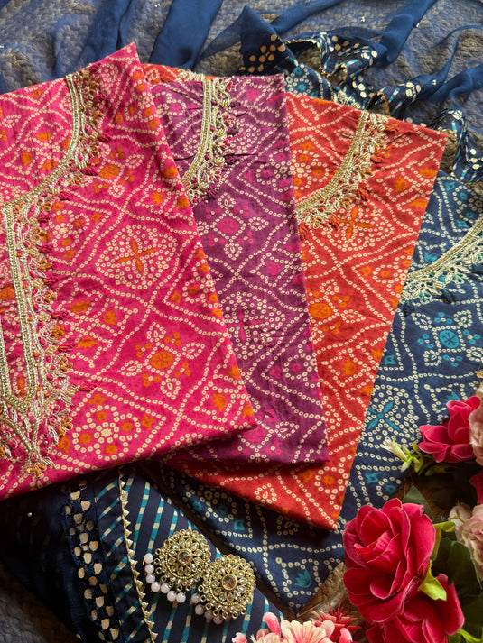 Bandhani gold highlight cotton suits with zari neck and chiffon dupatta