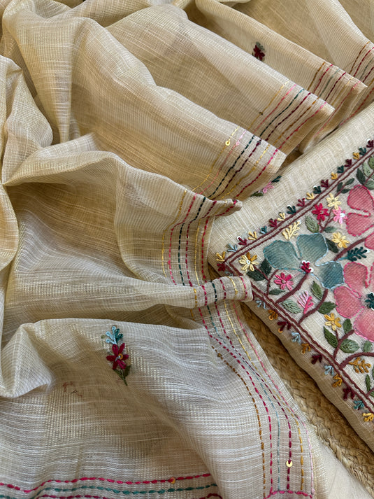 Golden Shimmer Kota Kantha embroidered neck work
