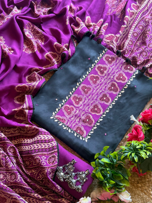 Ajrakh print modal silk black suit set