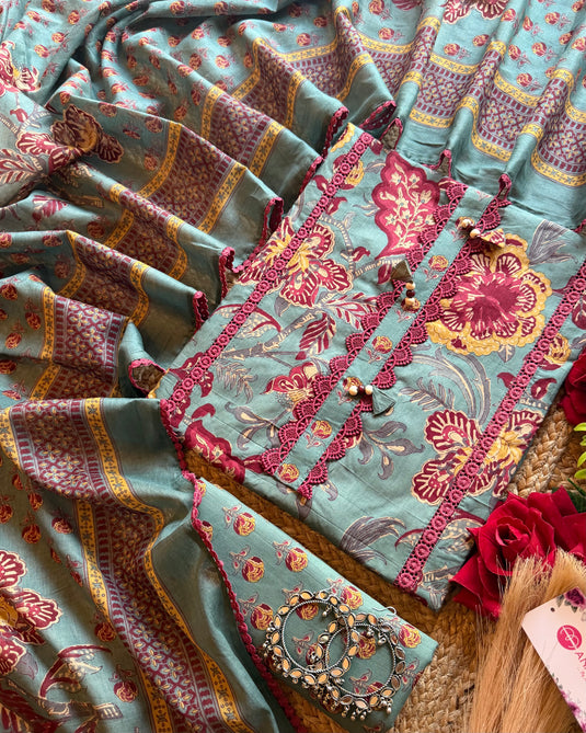 Cambric pakistani cotton lace work suit set