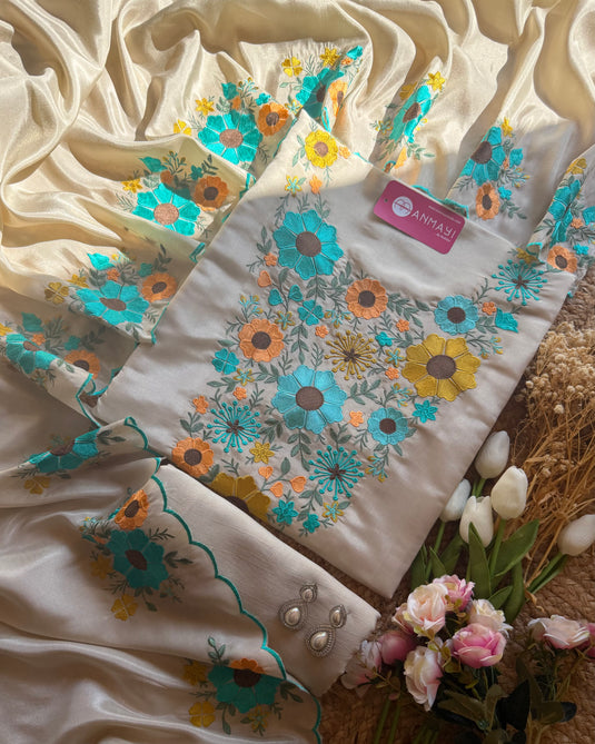 Shimmer ivory suit with flower Parsi embroidery