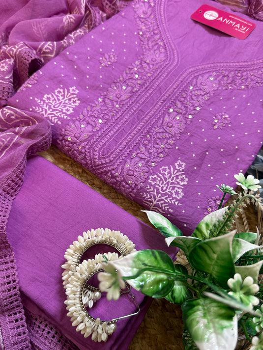 Lucknawi Chikankari pure cotton block print suit with chiffon dupatta