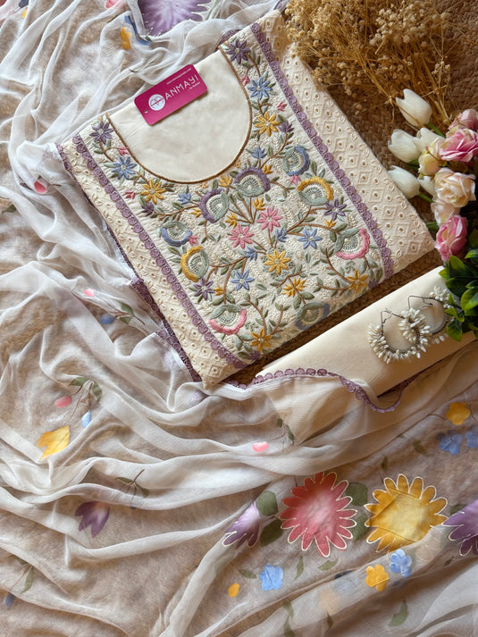 Hakooba pure cotton u neck embroidery suit set with Handpaint dupatta