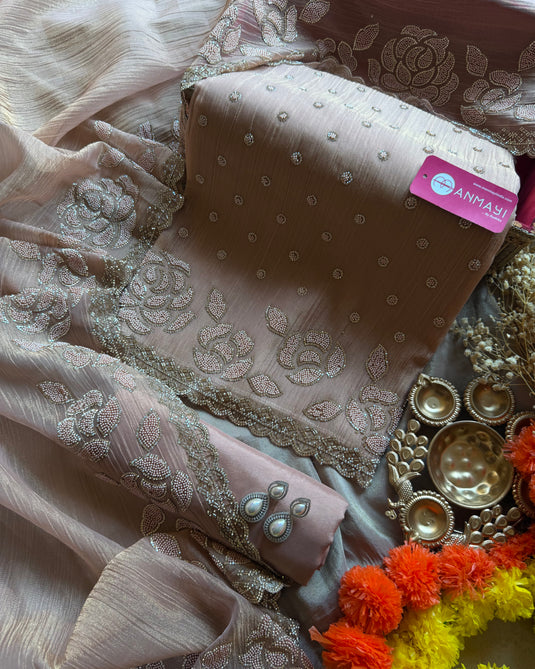 Pure crushed silk embedded pearl work suit set