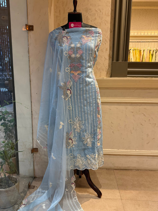 Organza pastel thread work pakistani suit set