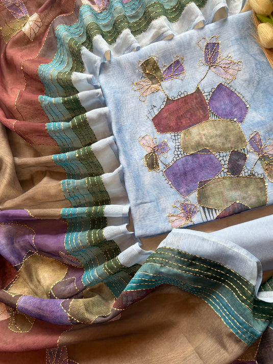 Multi Colour abstract Kantha dupatta with Chanderi suit set