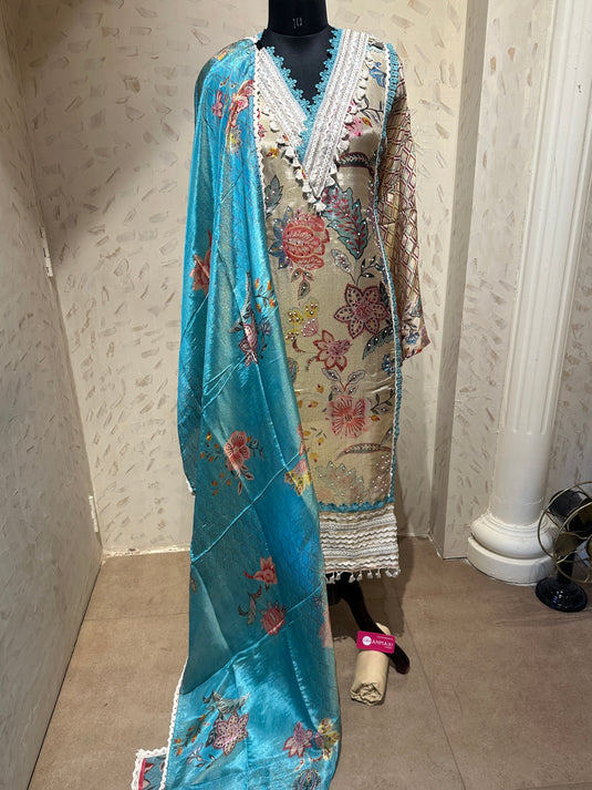 Shimmer organza semi stitched pearl pakistani crochet pearl details suit set