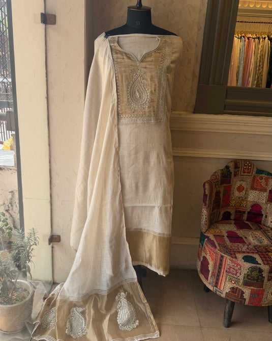 Jamdani patched gold zari work suit set