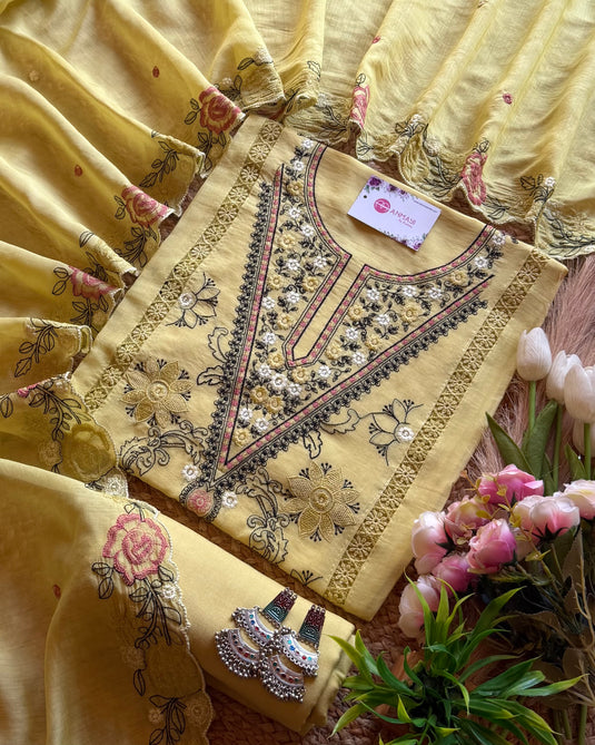 V neck self thread Mul Chanderi suit set