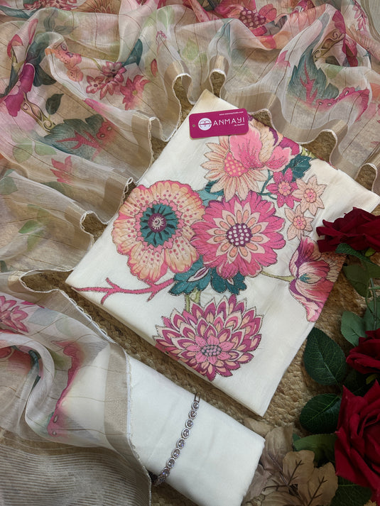 Slub cotton digital patch ivory suit with soft organza dupatta