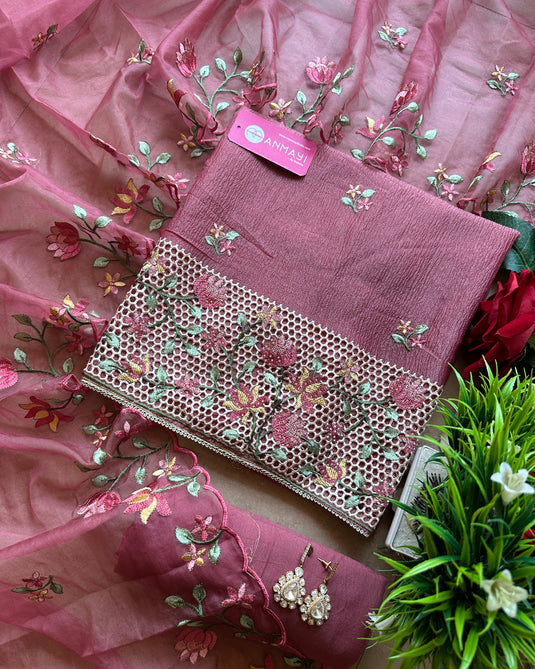 Crushed Silk crochet embroidered suit set with embroidered organza stole