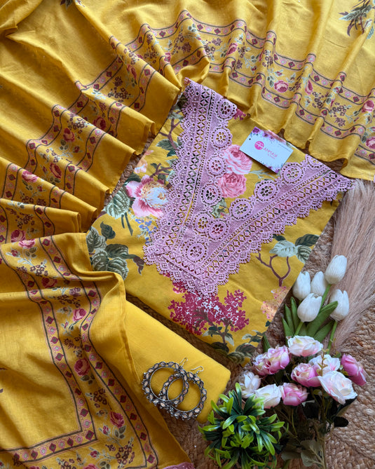 Floral print crochet V neck soft cotton Pakistani suit set