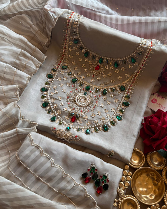 Jewelled neck kanjivaram suit set