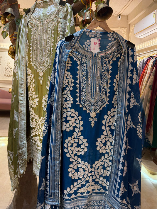 Russian silk pearl seaquins work printed suit set