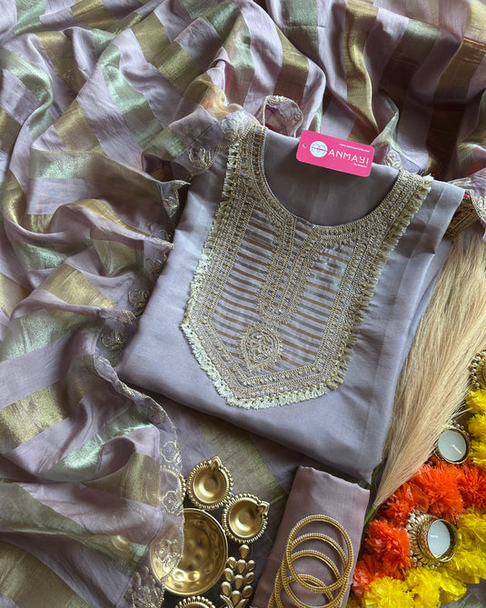 Shimmer Chanderi pastel kurta neck suit set