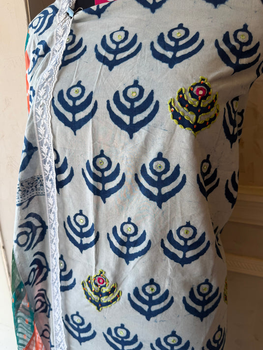 Indigo batik print pure cotton suit set with