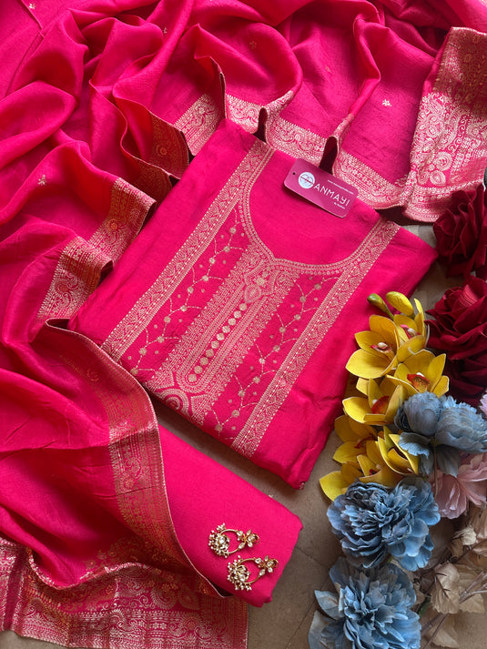 Dolla silk jacquard work Anarkali neck suit set