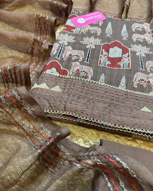 Pichwai print cambric cotton suit with weaved border