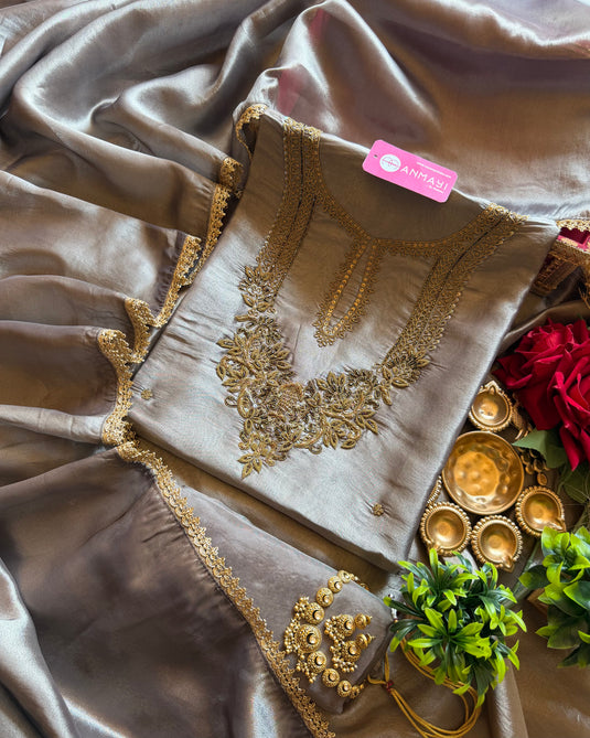 Kanjivaram copper hand embroidered neck suit set
