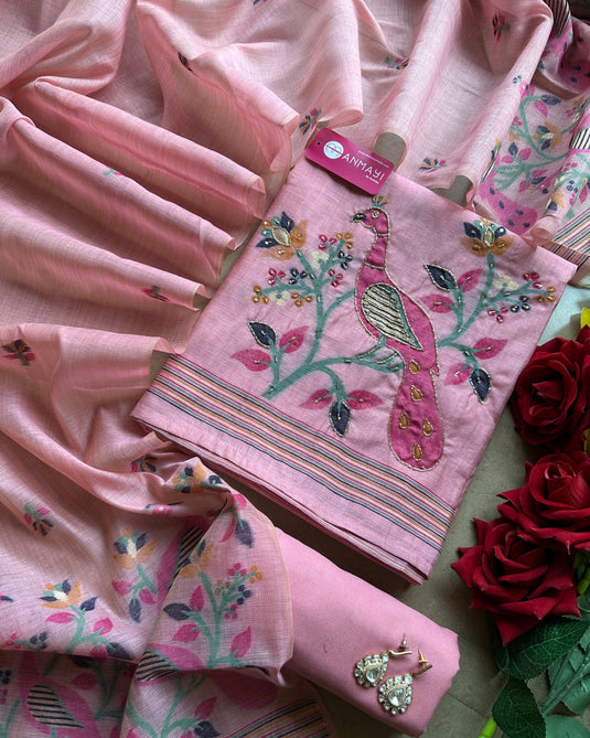 Jamdani soft shade highlighted peacock cotton silk suit set