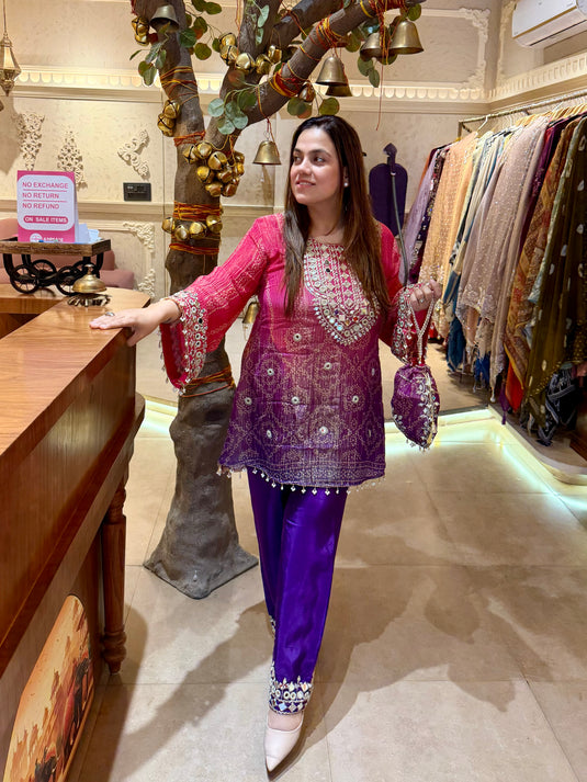 Crushed organza badhani print mirror work coord set with potli