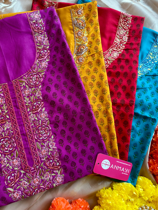 Soft organic lizi bizi cotton machine embroidered suit set with chiffon dupatta