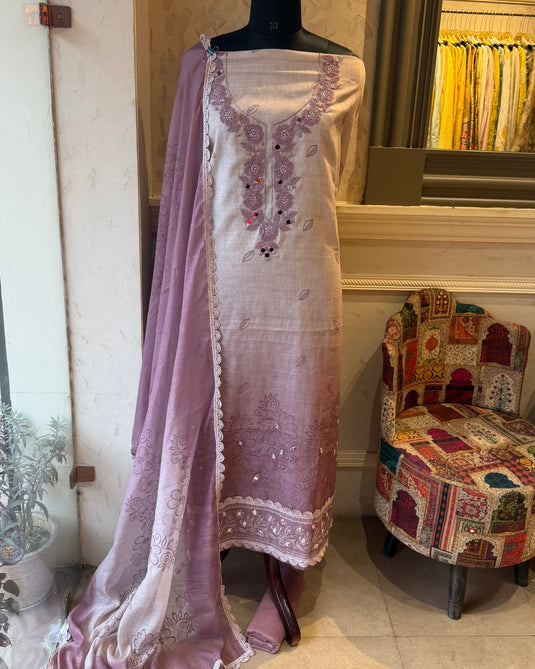 Embroidered pure linen ombré shade mirror neck suit set