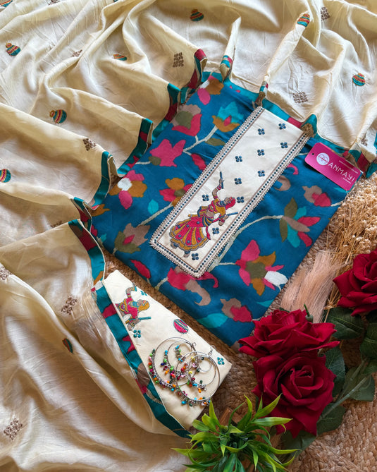 Dandiya Cambric cotton suit set with embroidered bottom and dupatta