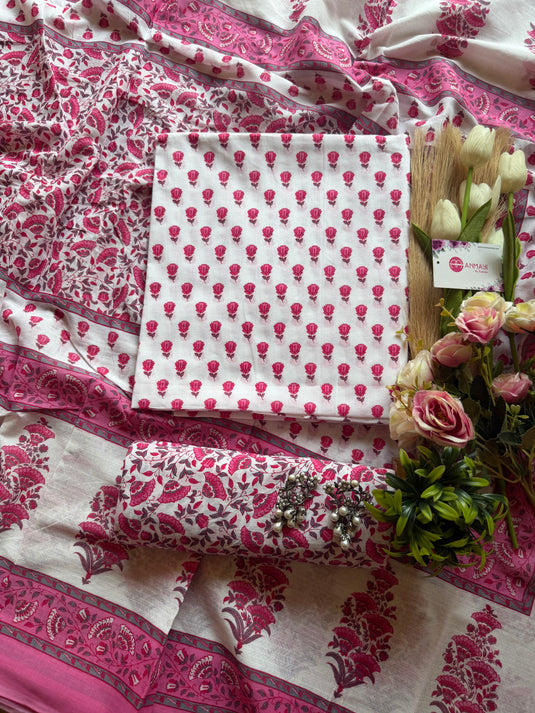 Petals block print white pink fine Cambric cotton suit set