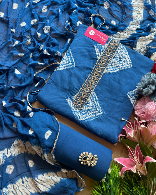 Shibori needle stitch tie and dye cotton suit set with pure chiffon Bandhani dupatta