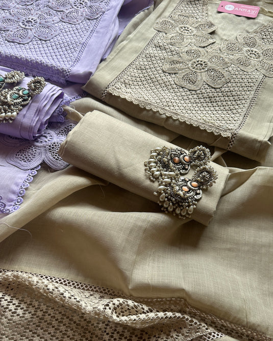 Pakistani cotton linen crochet work suit sets