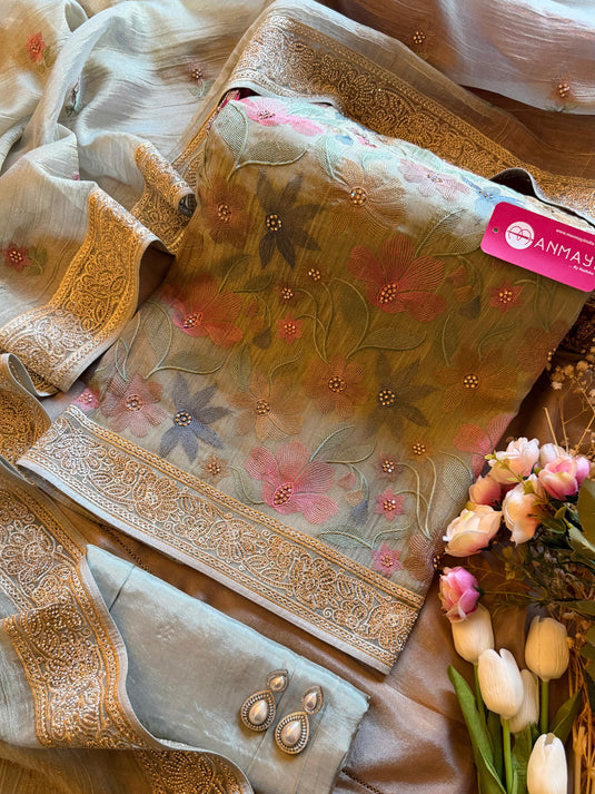 Crushed Organza french pastel work suit set