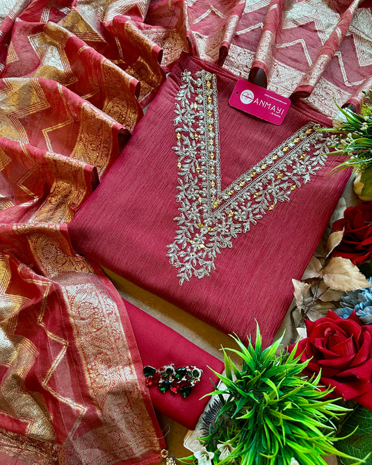 Crushed silk v neck festive edit suit set with cotton bottom
