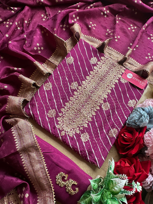 Dolla silk lehria banarasi suit set with Mukaish work highlights