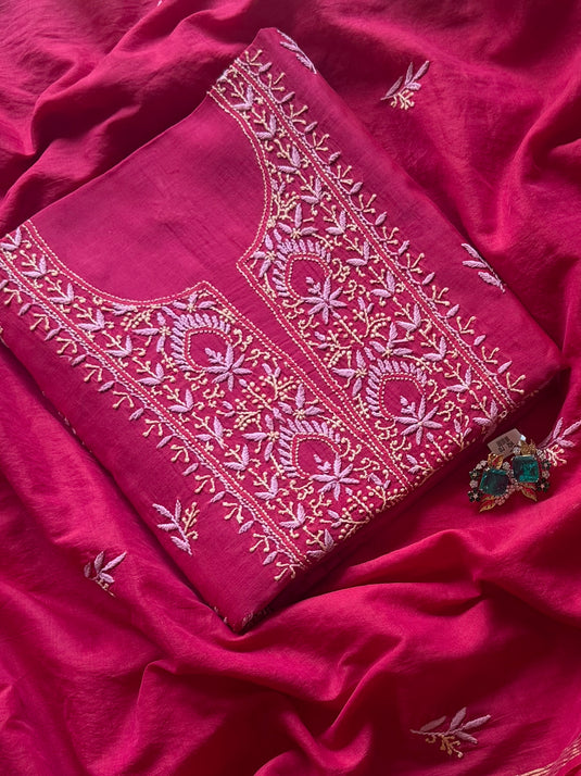 Coloured Bakhiya pure mul chanderi suit set