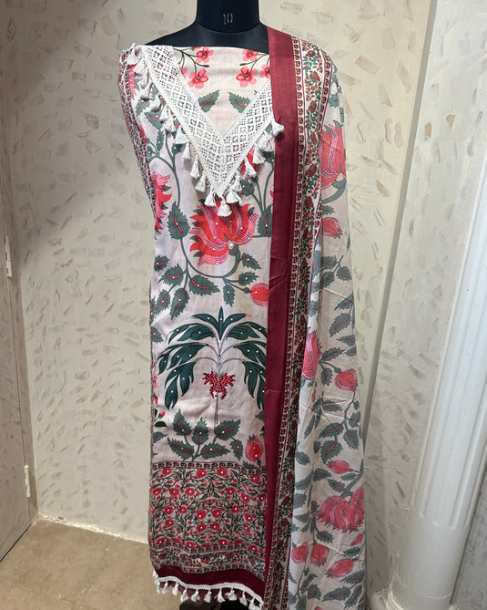 Soft jaam cotton Kani print pearl tassel work suit set