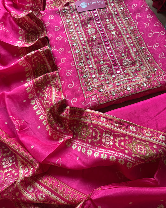 Jodhpuri mirror neck printed Bandhani raw silk suit set