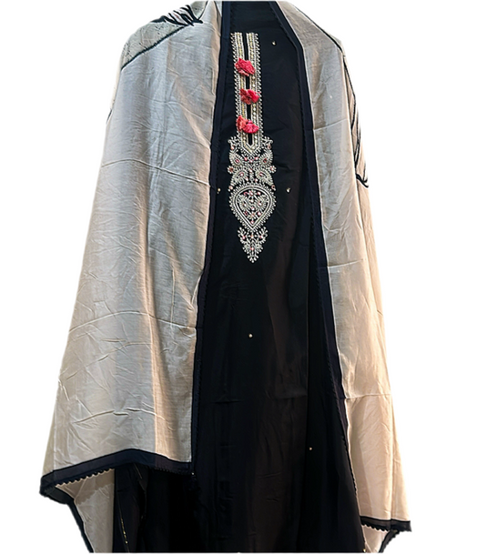 Tassel neck black pure silk suit with russian silk printed dupatta